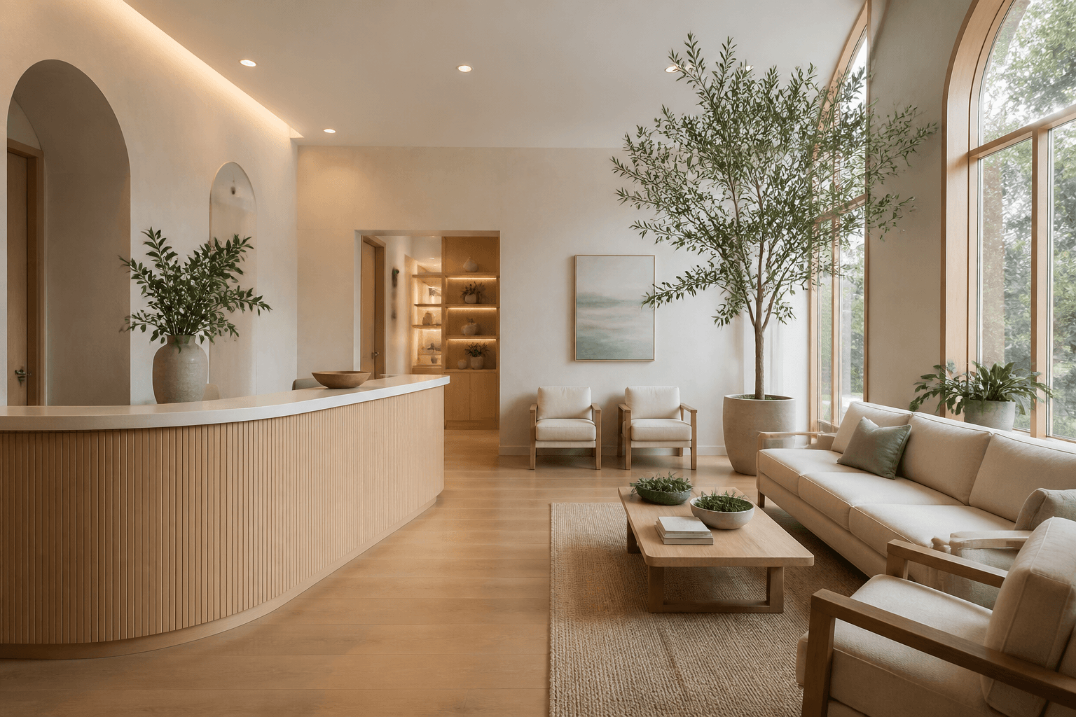 Warm, modern clinic reception and waiting area