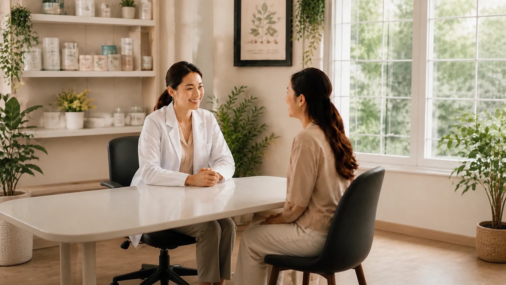 A clinic professional speaking with a patient in a bright consultation room