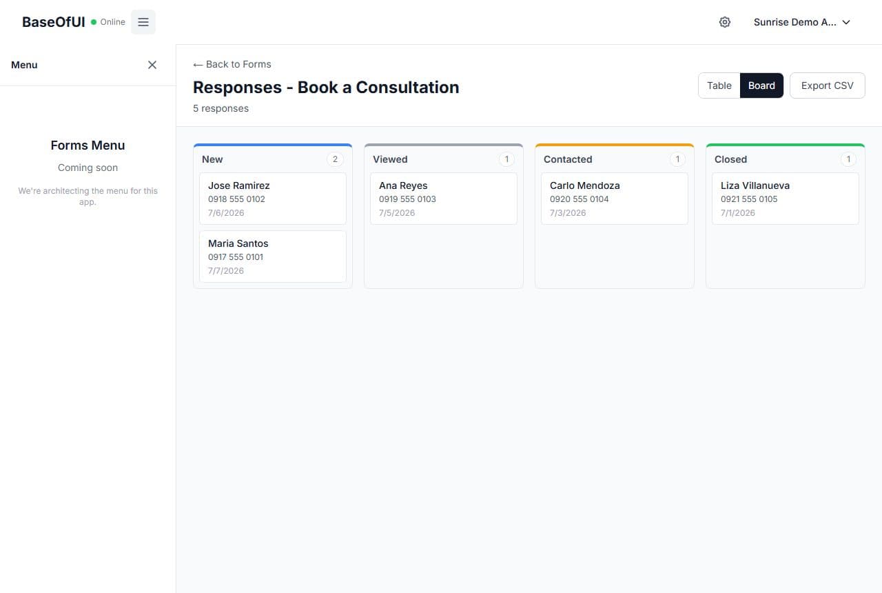 The BaseOfUI inquiry pipeline board showing patient inquiries organized in New, Viewed, Contacted, and Closed columns