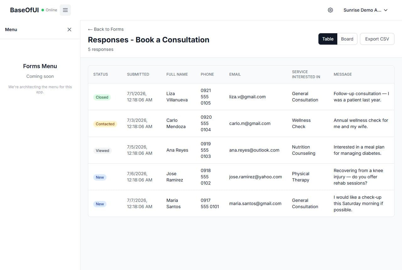 Staff dashboard listing every inquiry with status badges in a table