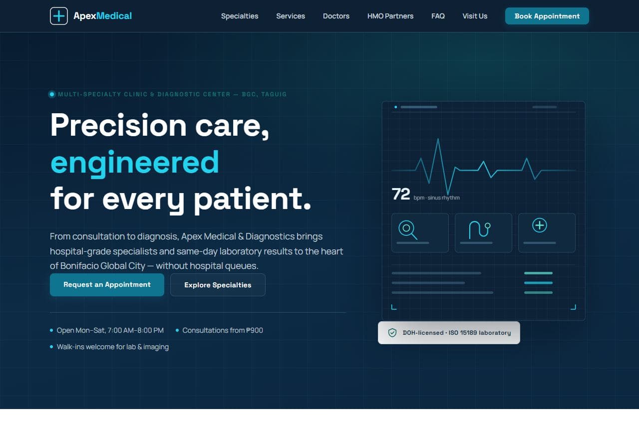 Apex Medical — live multi-specialty clinic template built on BaseOfUI