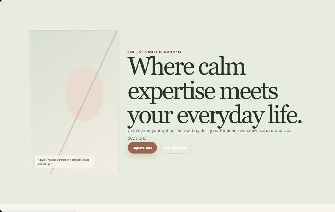 Serene Bloom clinic Site Kit preview with an editorial care-focused layout