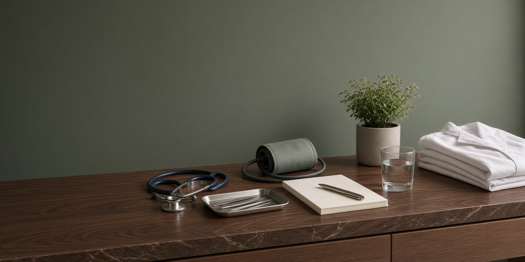A clinic counter laid out with a stethoscope, a blood-pressure cuff, an instrument tray, a notebook and a folded white coat.